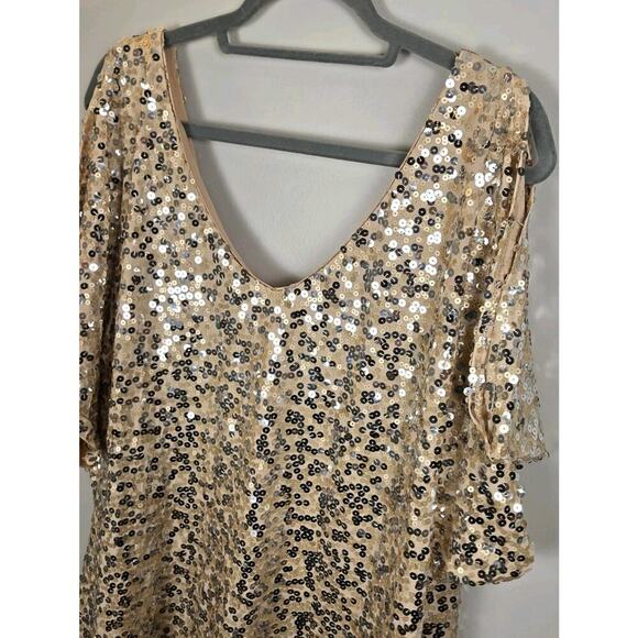 Vintage Y2k DEB Rose Gold Sequin Stretchy Mini Glam Club Dress 3X Double V Neck - Picture 2 of 8